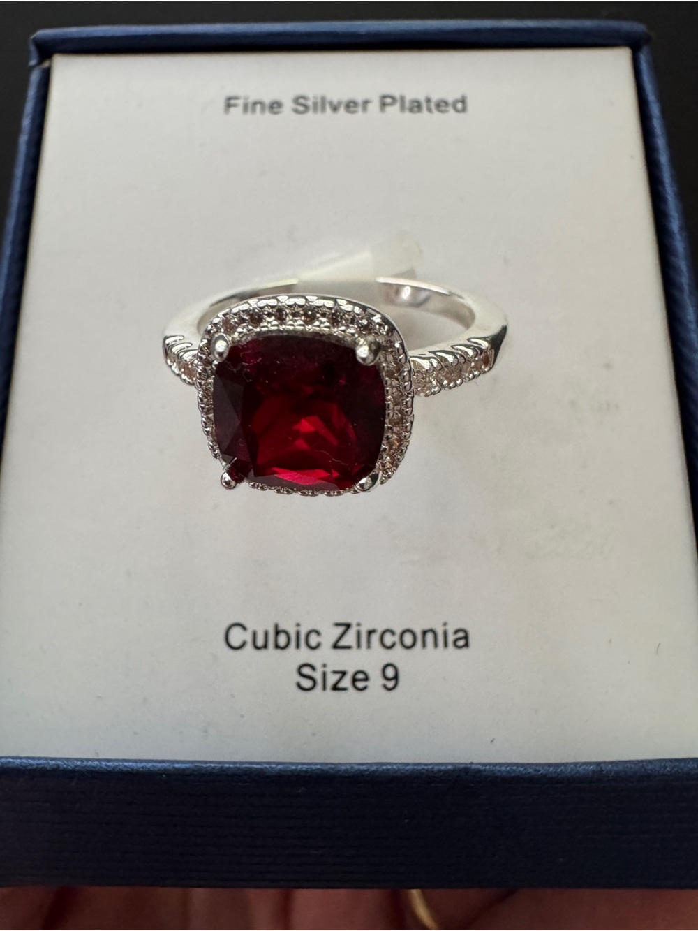 Silver-Plated Women's Ring with Deep Red Cushion Cubic Zirconia